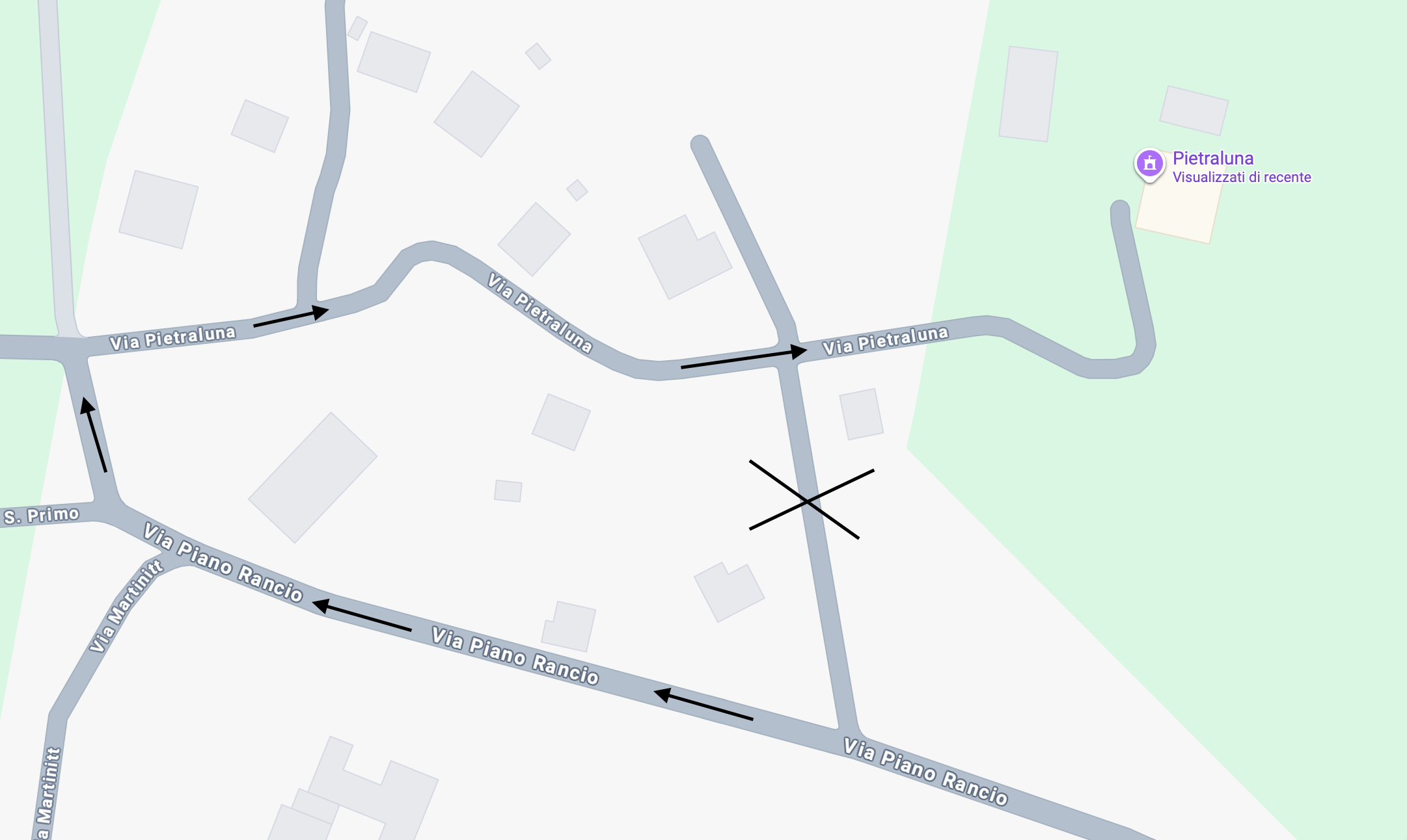 Mappa con il percorso corretto per raggiungere Villa Pietraluna evitando la piccola strada privata indicata dal navigatore.